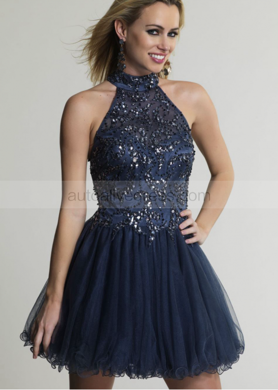 Navy Blue Tulle Beaded High Neck Backless Knee Length Prom Dress